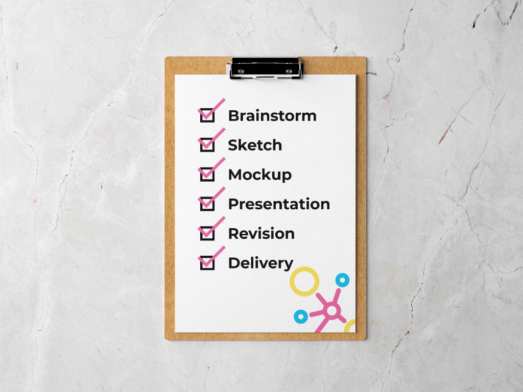 Our smooth graphic design process: brainstorm, sketch, mockup, present, revise, deliver.